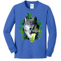 St Patrick's Day Irish Saint Patrick Shamrock White Wolf Gift Kids Long Sleeve Shirt