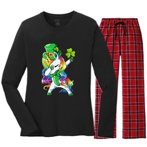 St Patricks Day Dabbing Unicorn Leprechaun Lepricorn Women's Long Sleeve Flannel Pajama Set 