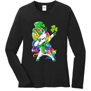 St Patricks Day Dabbing Unicorn Leprechaun Lepricorn Ladies Long Sleeve Shirt