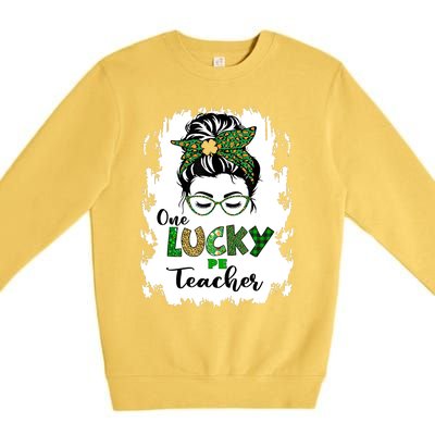 St Patricks Day One Lucky PE Teacher Messy Bun Leopard Premium Crewneck Sweatshirt