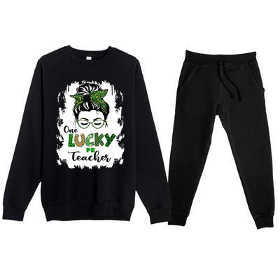 St Patricks Day One Lucky PE Teacher Messy Bun Leopard Premium Crewneck Sweatsuit Set