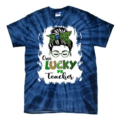 St Patricks Day One Lucky PE Teacher Messy Bun Leopard Tie-Dye T-Shirt