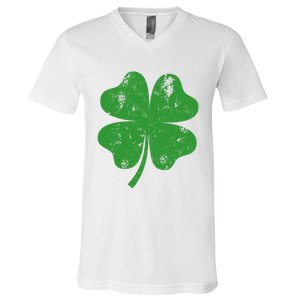 St Patricks Day Distressed Four Leaf Clover Shamrock Irish Premium V-Neck T-Shirt