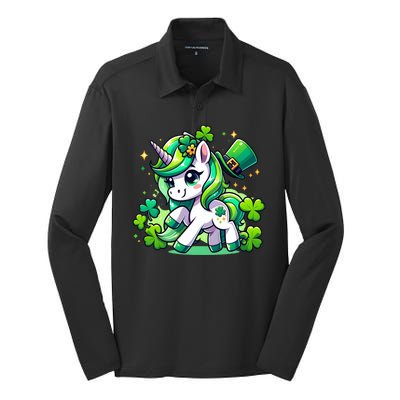 St Patrick Day Irish Unicorn Lepricorn Silk Touch Performance Long Sleeve Polo