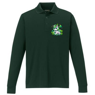 St Patrick Day Irish Unicorn Lepricorn Performance Long Sleeve Polo