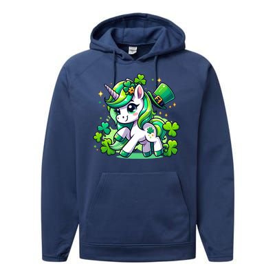 St Patrick Day Irish Unicorn Lepricorn Performance Fleece Hoodie