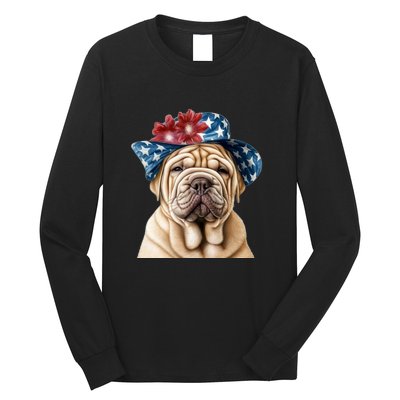 Shar Pei Dog USA Flag Cute Shar Pei Puppy Hat Long Sleeve Shirt