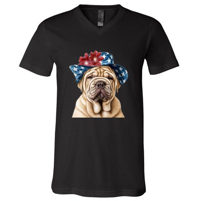 Shar Pei Dog USA Flag Cute Shar Pei Puppy Hat V-Neck T-Shirt