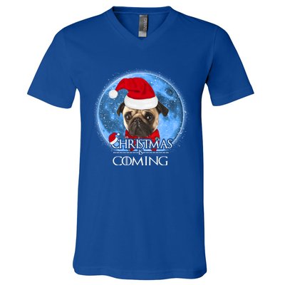 Santa Pug Dog Merry Christmas Is Coming Graphic Funny Gift V-Neck T-Shirt