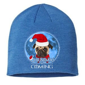 Santa Pug Dog Merry Christmas Is Coming Graphic Funny Gift Sustainable Beanie