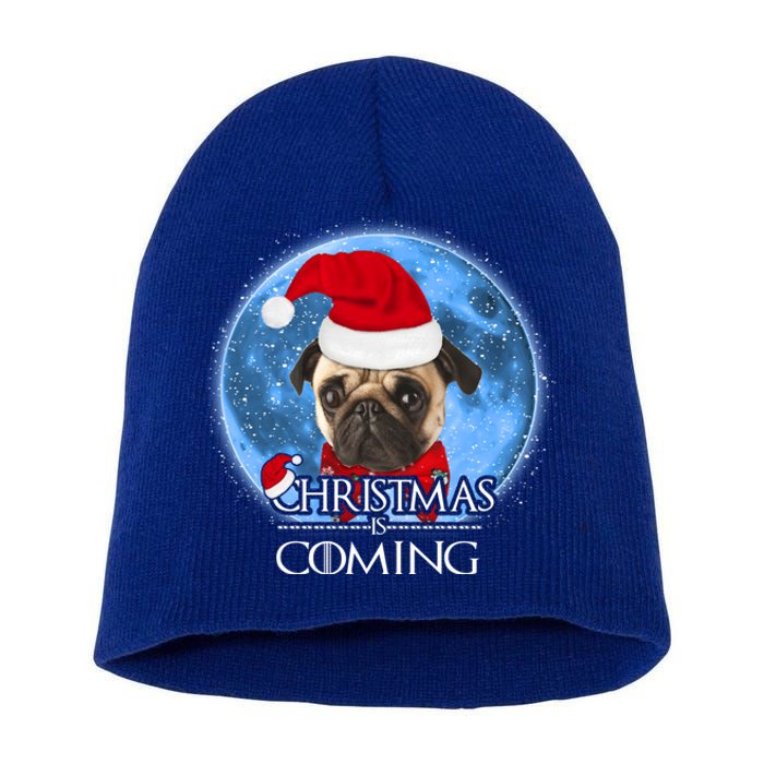 Santa Pug Dog Merry Christmas Is Coming Graphic Funny Gift Short Acrylic Beanie