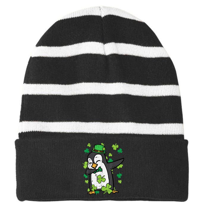 St Patricks Day Penguin Dab Saint Paddys Boys Girls s Striped Beanie with Solid Band