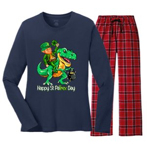 St Patricks Day Leprechaun Riding Dinosaur Gift Women's Long Sleeve Flannel Pajama Set 