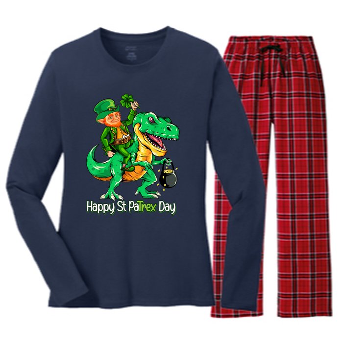 St Patricks Day Leprechaun Riding Dinosaur Gift Women's Long Sleeve Flannel Pajama Set 