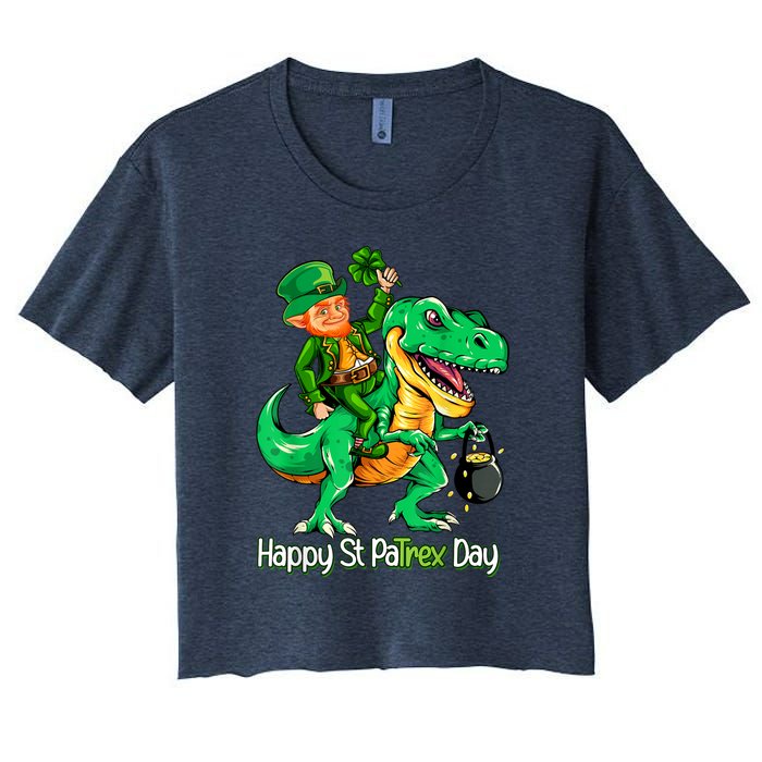 St Patricks Day Leprechaun Riding Dinosaur Gift Women's Crop Top Tee