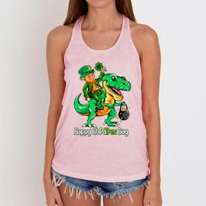 St Patricks Day Leprechaun Riding Dinosaur Gift Women's Knotted Racerback Tank