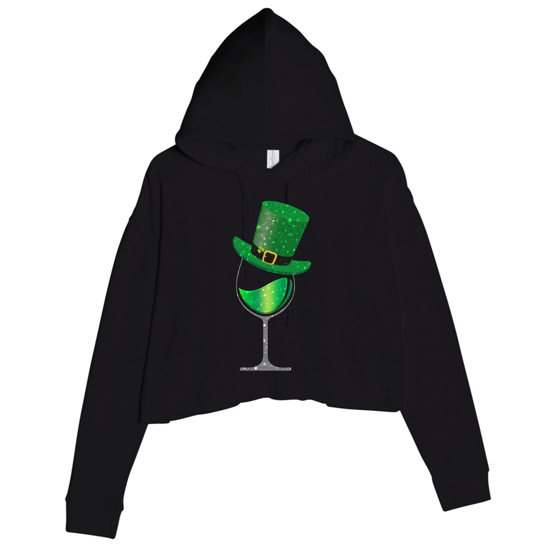 St Patricks Day Lucky Sparkly Wine Glass Crop Fleece Hoodie