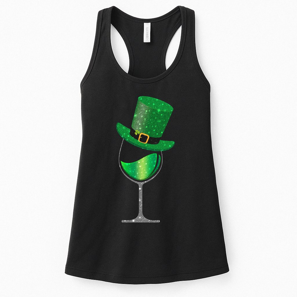 St Patricks Day Lucky Sparkly Wine Glass Womens Tank Top