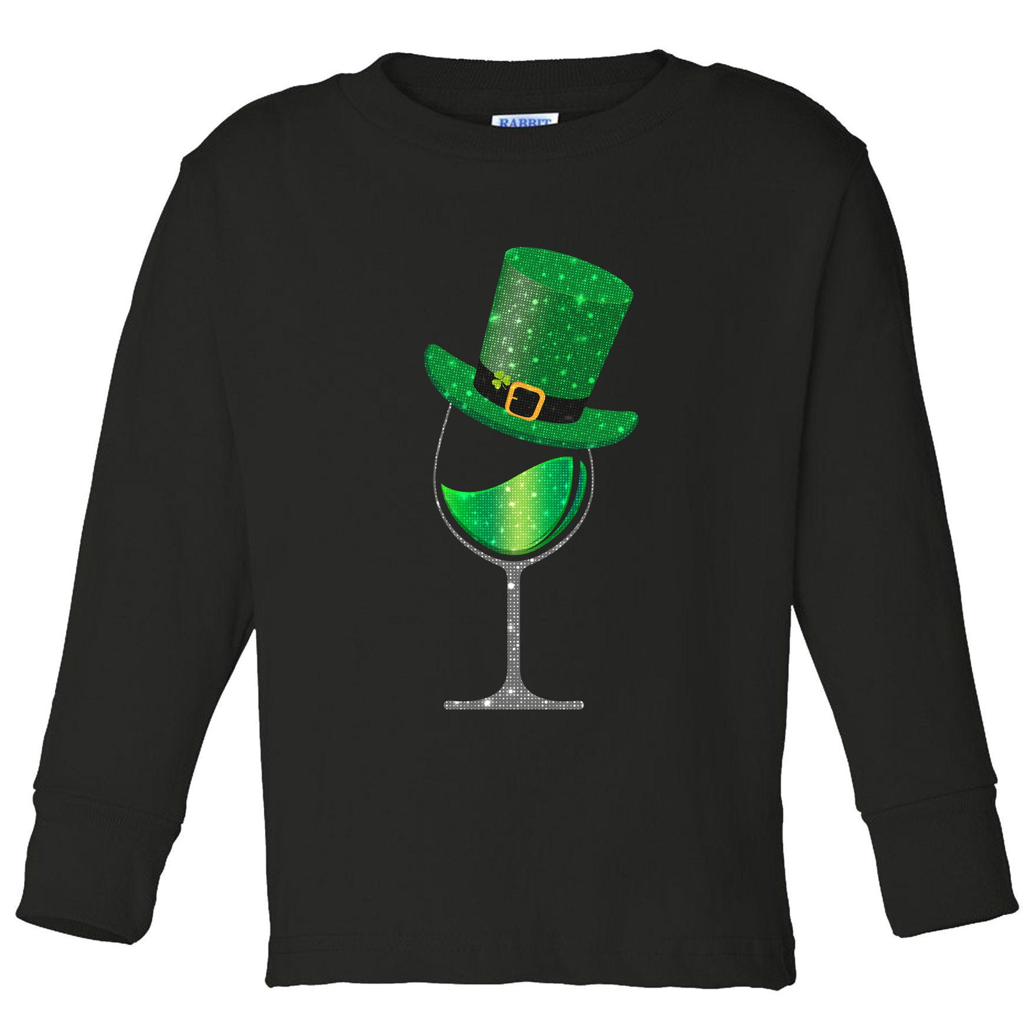 St Patricks Day Lucky Sparkly Wine Glass Toddler Long Sleeve Shirt