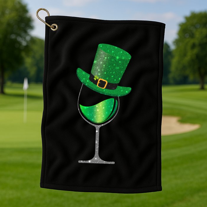 St Patricks Day Lucky Sparkly Wine Glass Golf Towel