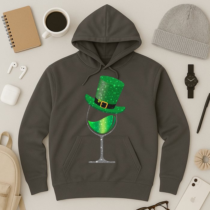 St Patricks Day Lucky Sparkly Wine Glass Hoodie