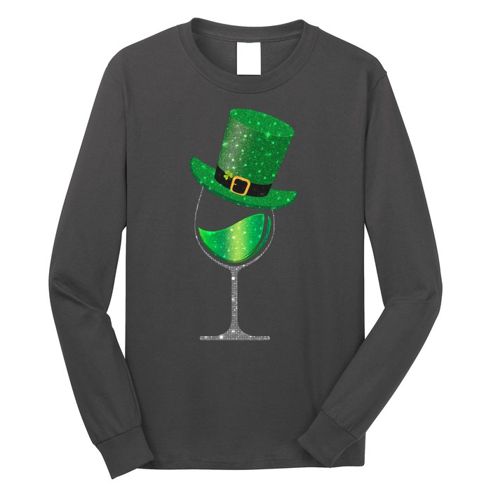 St Patricks Day Lucky Sparkly Wine Glass Long Sleeve Shirt