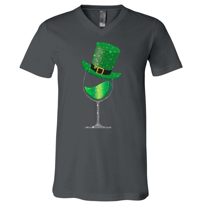 St Patricks Day Lucky Sparkly Wine Glass V-Neck T-Shirt