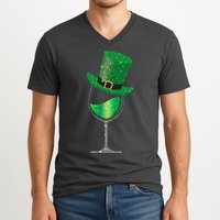 St Patricks Day Lucky Sparkly Wine Glass V-Neck T-Shirt