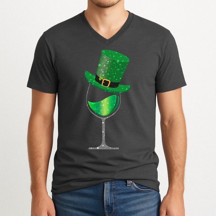 St Patricks Day Lucky Sparkly Wine Glass V-Neck T-Shirt