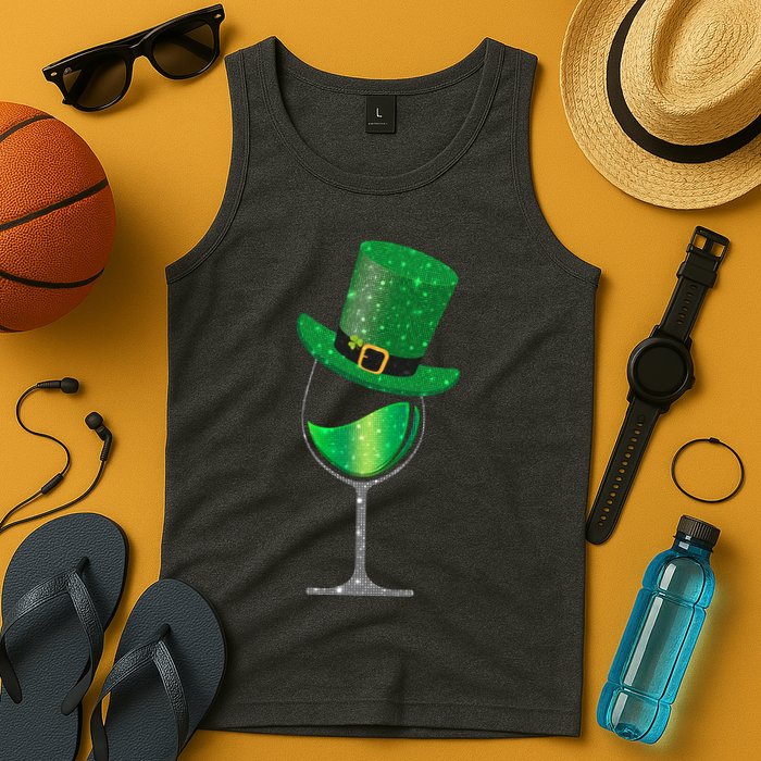 St Patricks Day Lucky Sparkly Wine Glass Tank Top