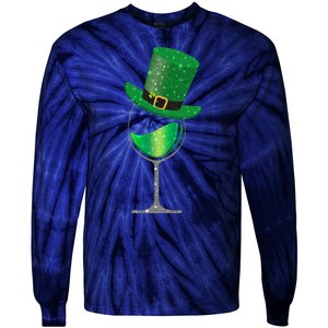 St Patricks Day Lucky Sparkly Wine Glass Tie-Dye Long Sleeve Shirt