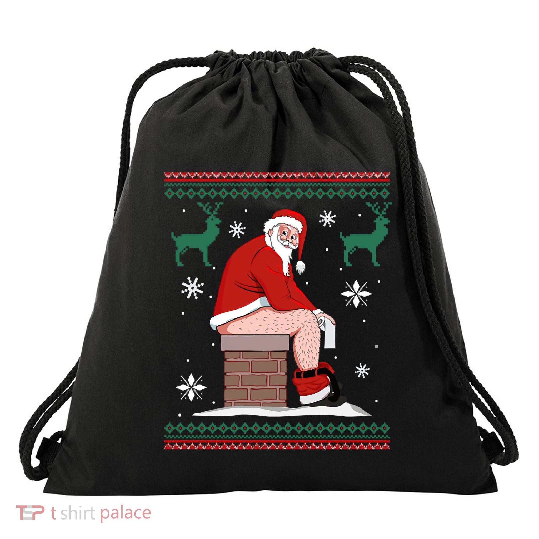 Santa Pooping Down The Chimney Ugly Christmas Sweater Gift Drawstring Bag