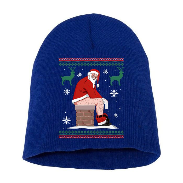 Santa Pooping Down The Chimney Ugly Christmas Sweater Gift Short Acrylic Beanie