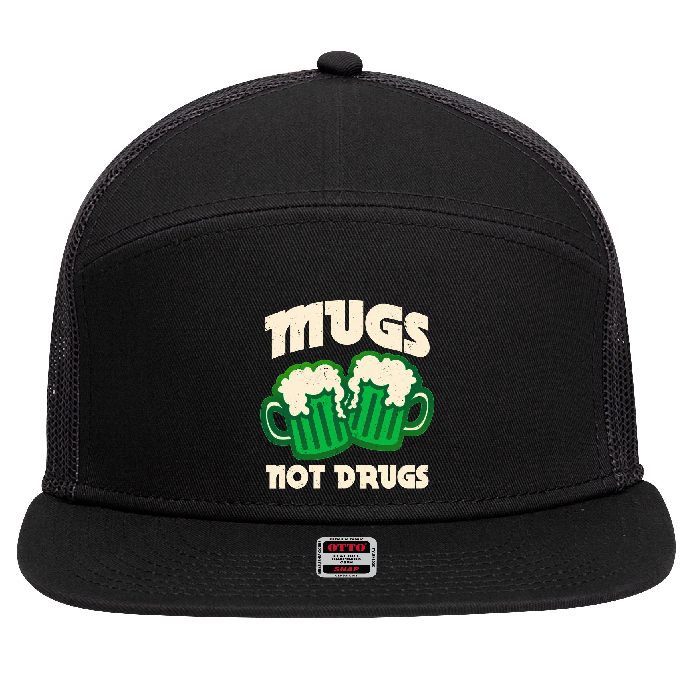 St Patricks Day Mugs Not Drugs Drink Green Beer 7 Panel Mesh Trucker Snapback Hat