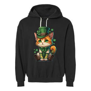 St Patricks Day Cat Leprechaun Funny Lucky Green Proud Irish Garment-Dyed Fleece Hoodie