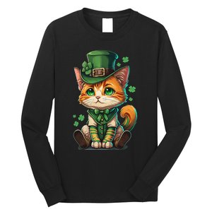 St Patricks Day Cat Leprechaun Funny Lucky Green Proud Irish Long Sleeve Shirt