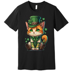 St Patricks Day Cat Leprechaun Funny Lucky Green Proud Irish Premium T-Shirt