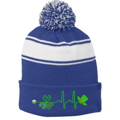 St Patricks Day Nurse Shamrock Heartbeat Stethoscope Irish Gift Stripe Pom Pom Beanie