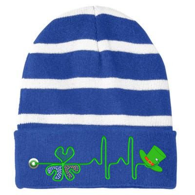 St Patricks Day Nurse Shamrock Heartbeat Stethoscope Irish Gift Striped Beanie with Solid Band