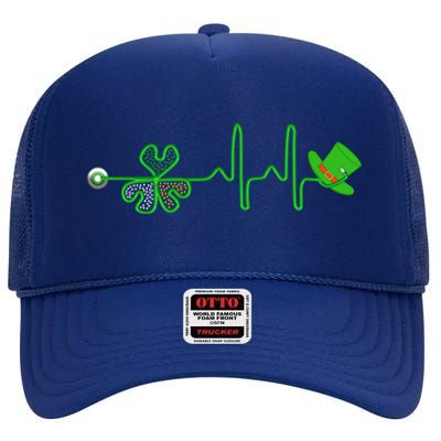 St Patricks Day Nurse Shamrock Heartbeat Stethoscope Irish Gift High Crown Mesh Back Trucker Hat