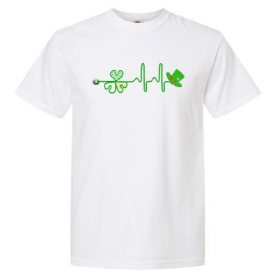 St Patricks Day Nurse Shamrock Heartbeat Stethoscope Irish Gift Garment-Dyed Heavyweight T-Shirt