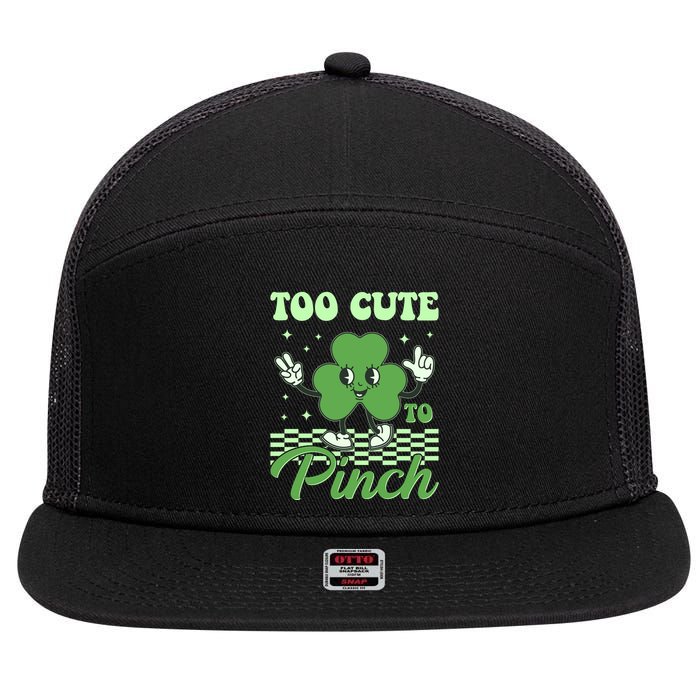 St Patricks Day Too Cute To Pinch Retro Cartoon Shamrock Clover 7 Panel Mesh Trucker Snapback Hat