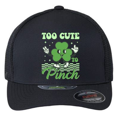 St Patricks Day Too Cute To Pinch Retro Cartoon Shamrock Clover Flexfit Unipanel Trucker Cap
