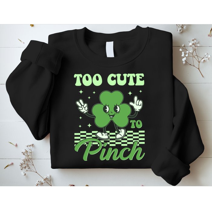 St Patricks Day Too Cute To Pinch Retro Cartoon Shamrock Clover Sweatshirt