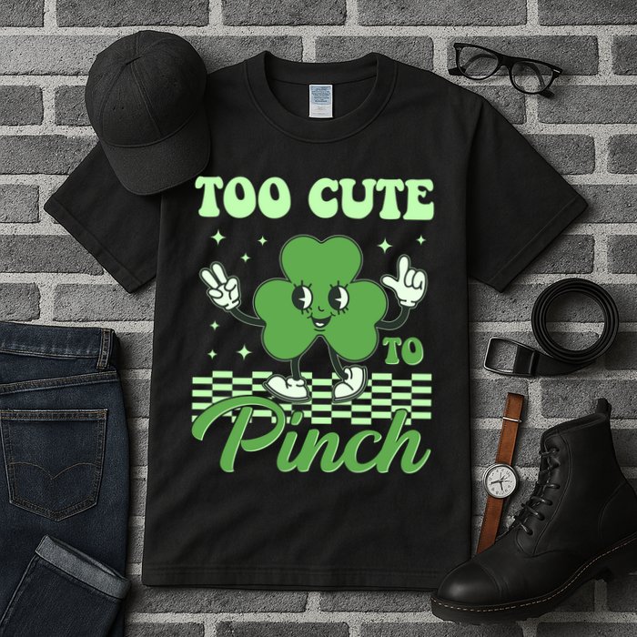 St Patricks Day Too Cute To Pinch Retro Cartoon Shamrock Clover Tall T-Shirt