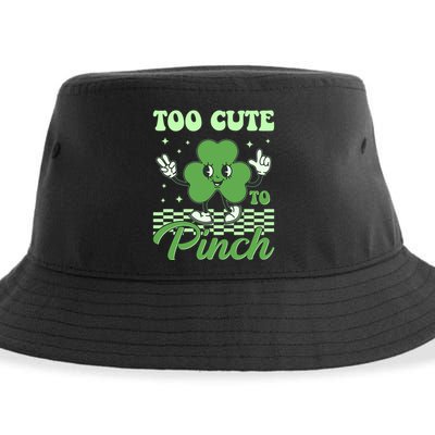 St Patricks Day Too Cute To Pinch Retro Cartoon Shamrock Clover Sustainable Bucket Hat