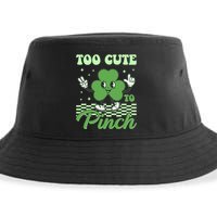 St Patricks Day Too Cute To Pinch Retro Cartoon Shamrock Clover Sustainable Bucket Hat