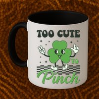 St Patricks Day Too Cute To Pinch Retro Cartoon Shamrock Clover Mug