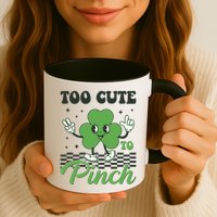 St Patricks Day Too Cute To Pinch Retro Cartoon Shamrock Clover Mug