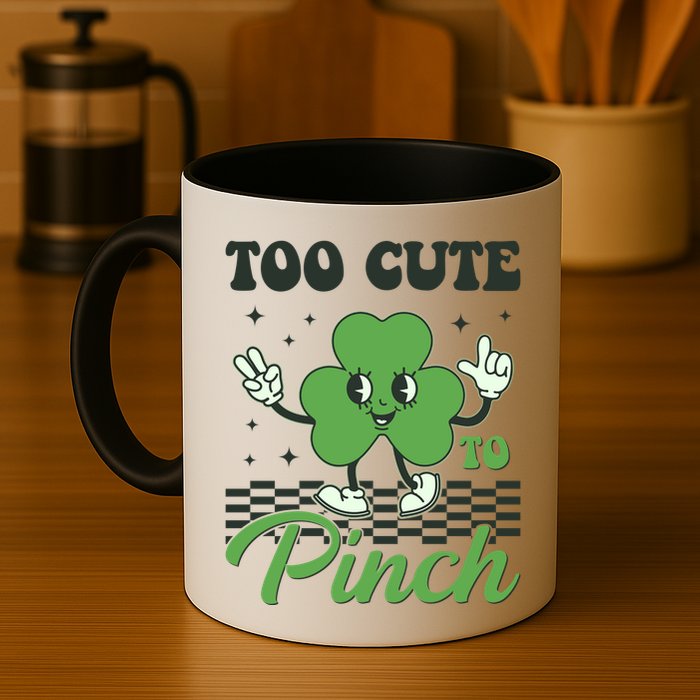 St Patricks Day Too Cute To Pinch Retro Cartoon Shamrock Clover Mug